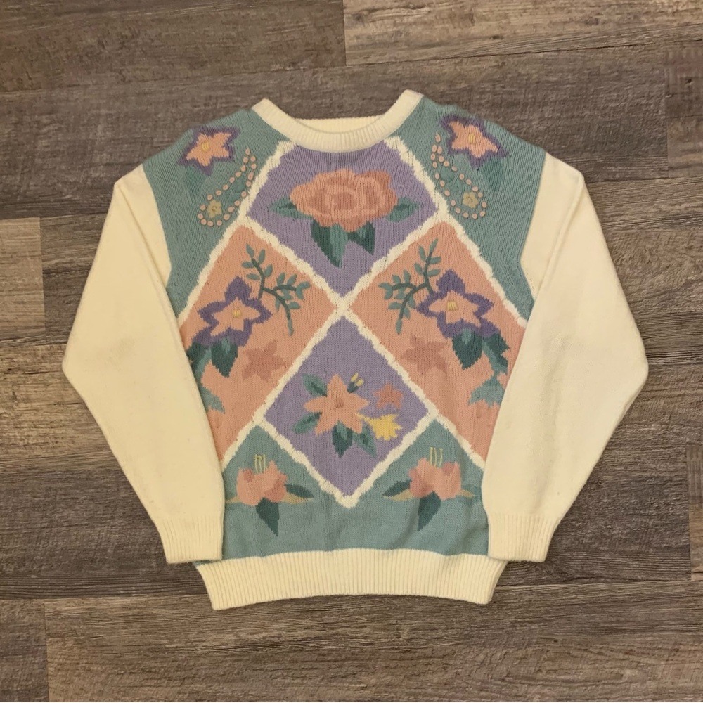 Vintage 1990s Women’s Colorful Flower Pattern Sweater Women’s Size Large